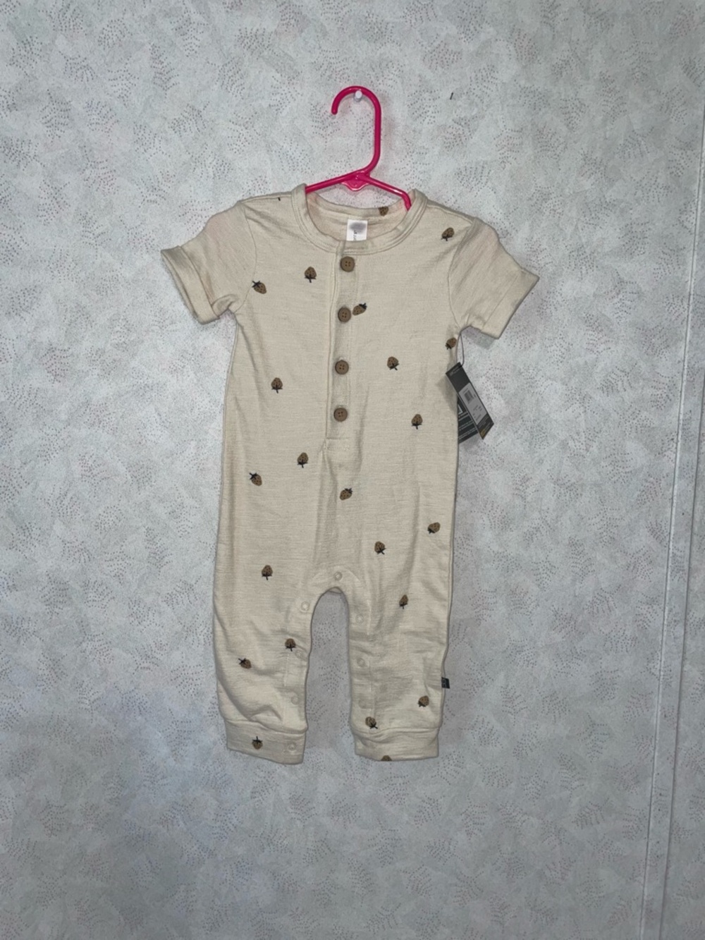 Cream Short-Sleeve Baby One-Piece Romper with Strawberry Motif